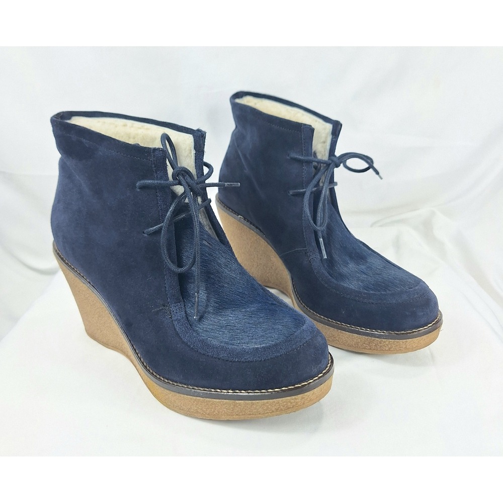 Boden Navy Blue Suede Calf Hair Wedge Ankle Boots Faux Fur Lined EUR 40 US 9